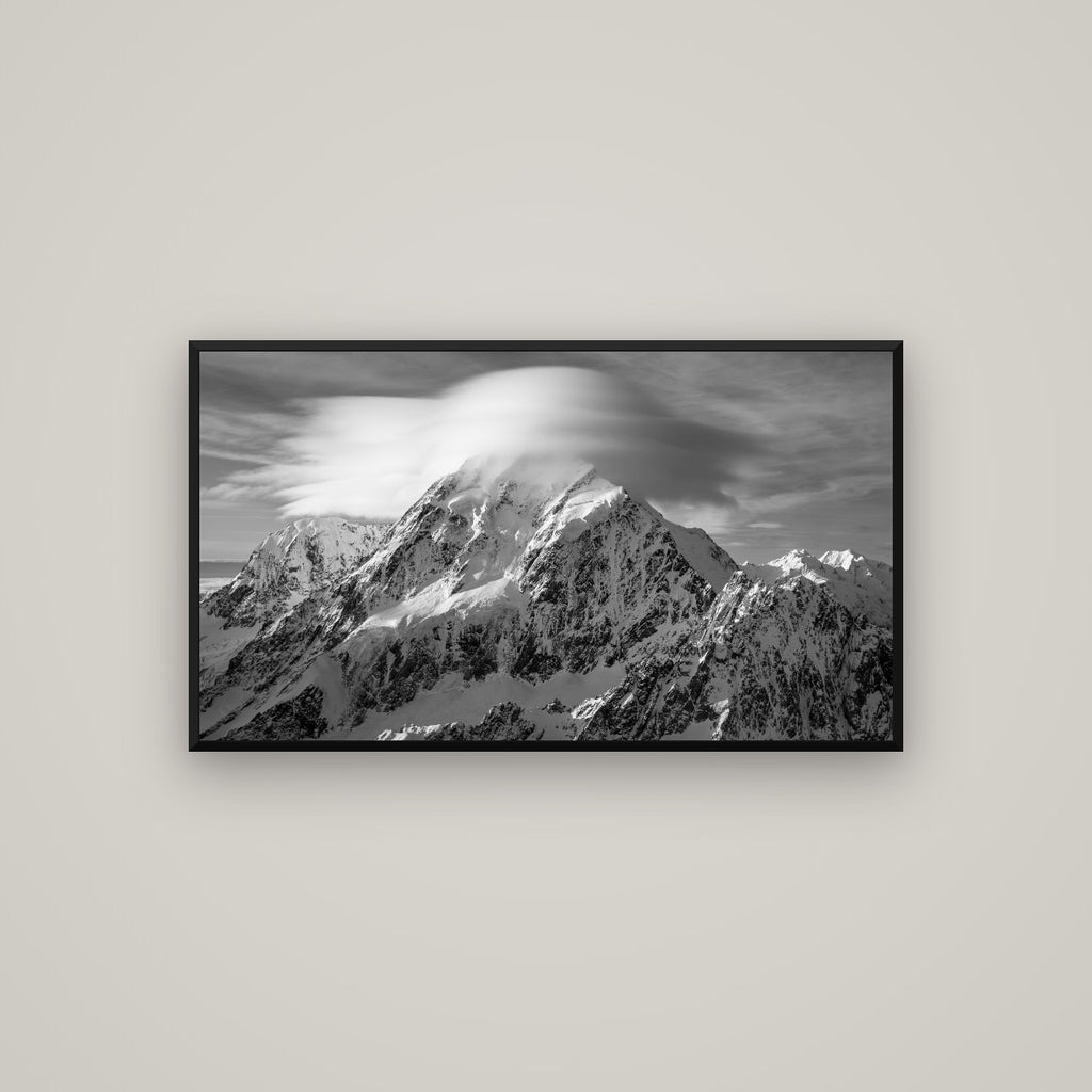 Ethereal Majesty, Mount Cook's Lenticular Veil — Basel Black Matte, 107×60 cm. New Zealand fine art wall art by Stephen Milner.