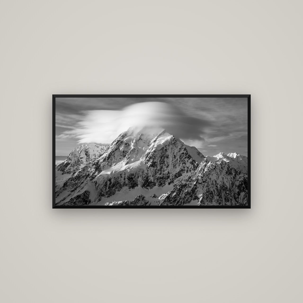 Ethereal Majesty, Mount Cook's Lenticular Veil — Basel Black, 107×60 cm. New Zealand fine art wall art by Stephen Milner.