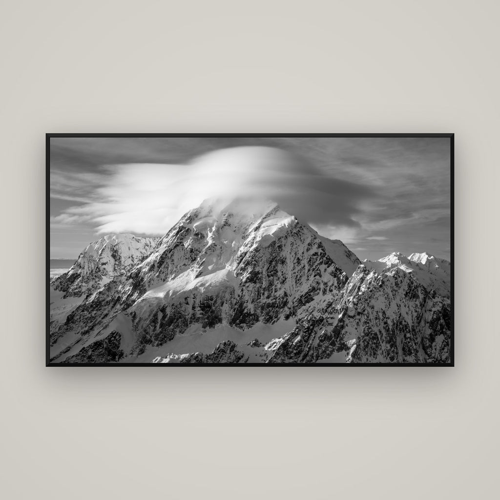 Ethereal Majesty, Mount Cook's Lenticular Veil — Basel Black Matte, 160×90 cm. New Zealand fine art wall art by Stephen Milner.