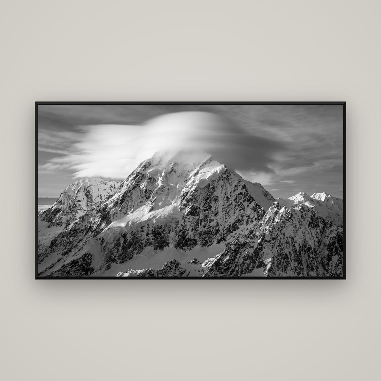Ethereal Majesty, Mount Cook's Lenticular Veil — Basel Black, 160×90 cm. New Zealand fine art wall art by Stephen Milner.