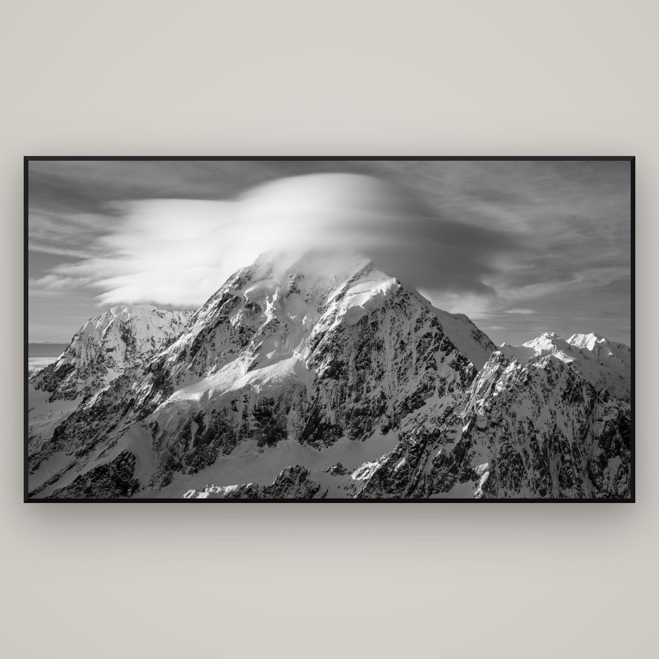 Ethereal Majesty, Mount Cook's Lenticular Veil — Basel Black, 196×110 cm. New Zealand fine art wall art by Stephen Milner.