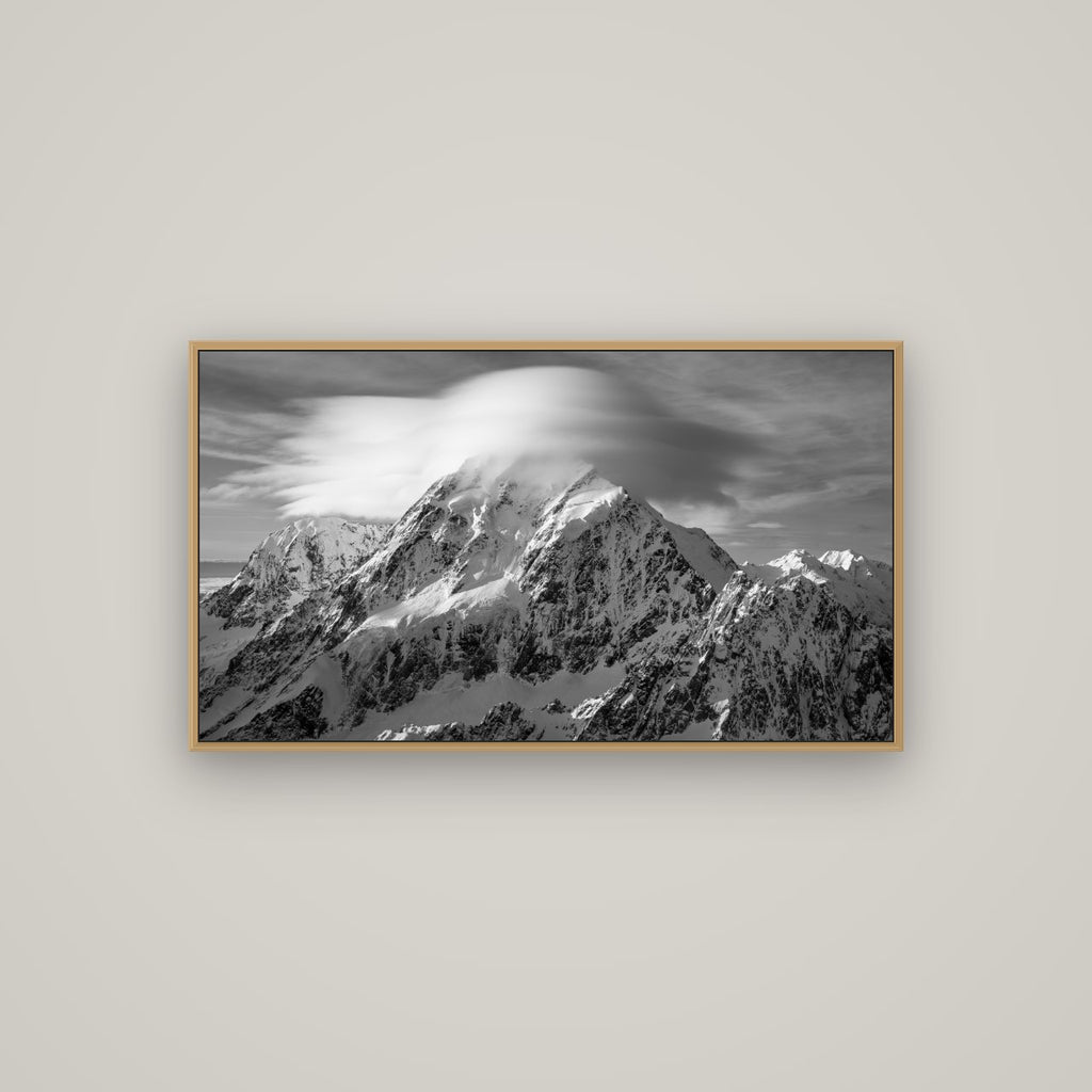 Ethereal Majesty, Mount Cook's Lenticular Veil, Basel Natural Oak, 107×60 cm. New Zealand fine art wall art by Stephen Milner.