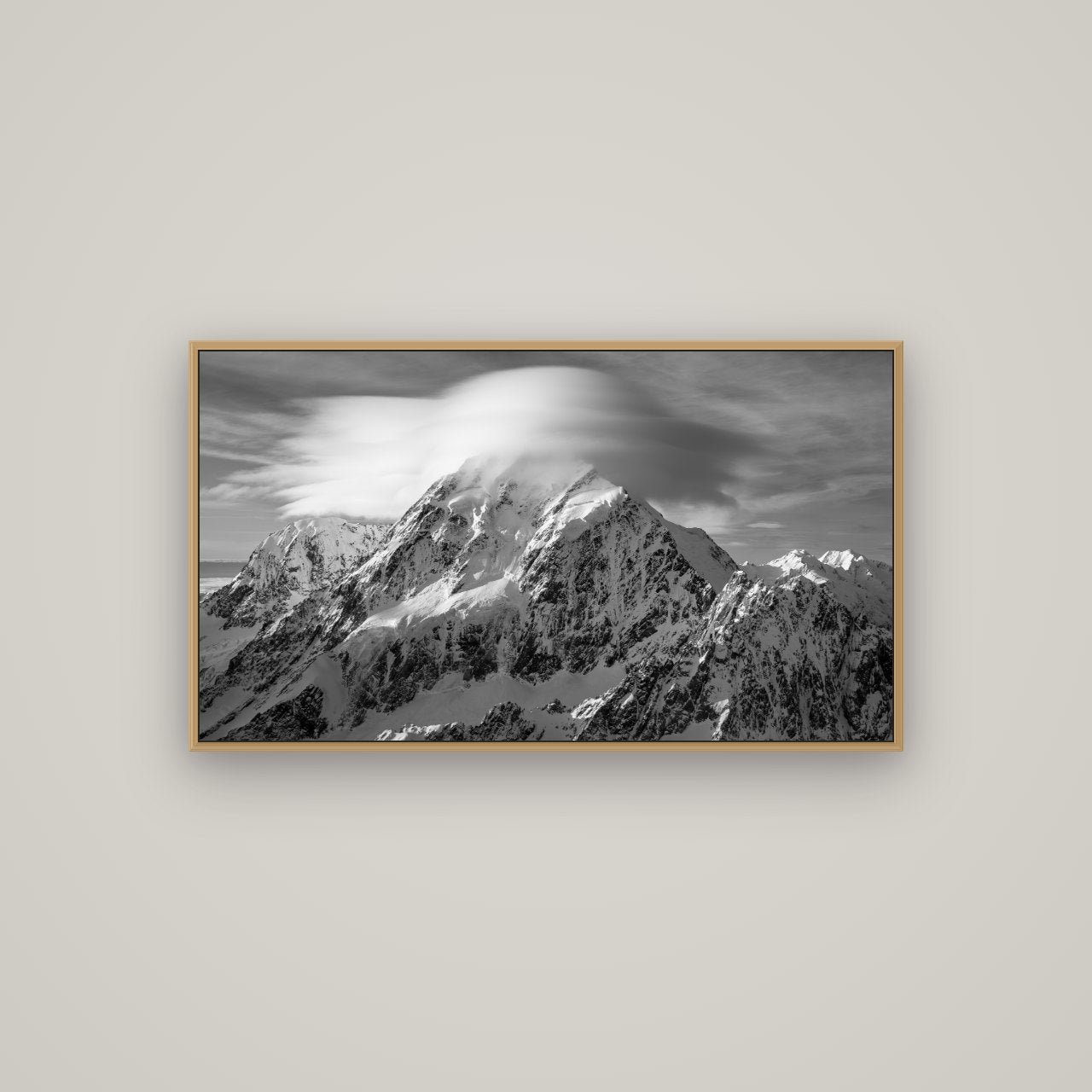Ethereal Majesty, Mount Cook's Lenticular Veil, Basel Natural Oak, 107×60 cm. New Zealand fine art wall art by Stephen Milner.