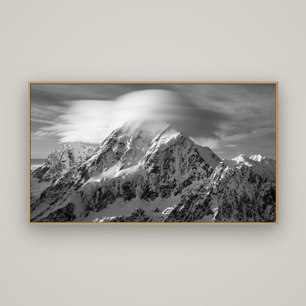 Ethereal Majesty, Mount Cook's Lenticular Veil, Basel Natural Oak, 160×90 cm. New Zealand fine art wall art by Stephen Milner.
