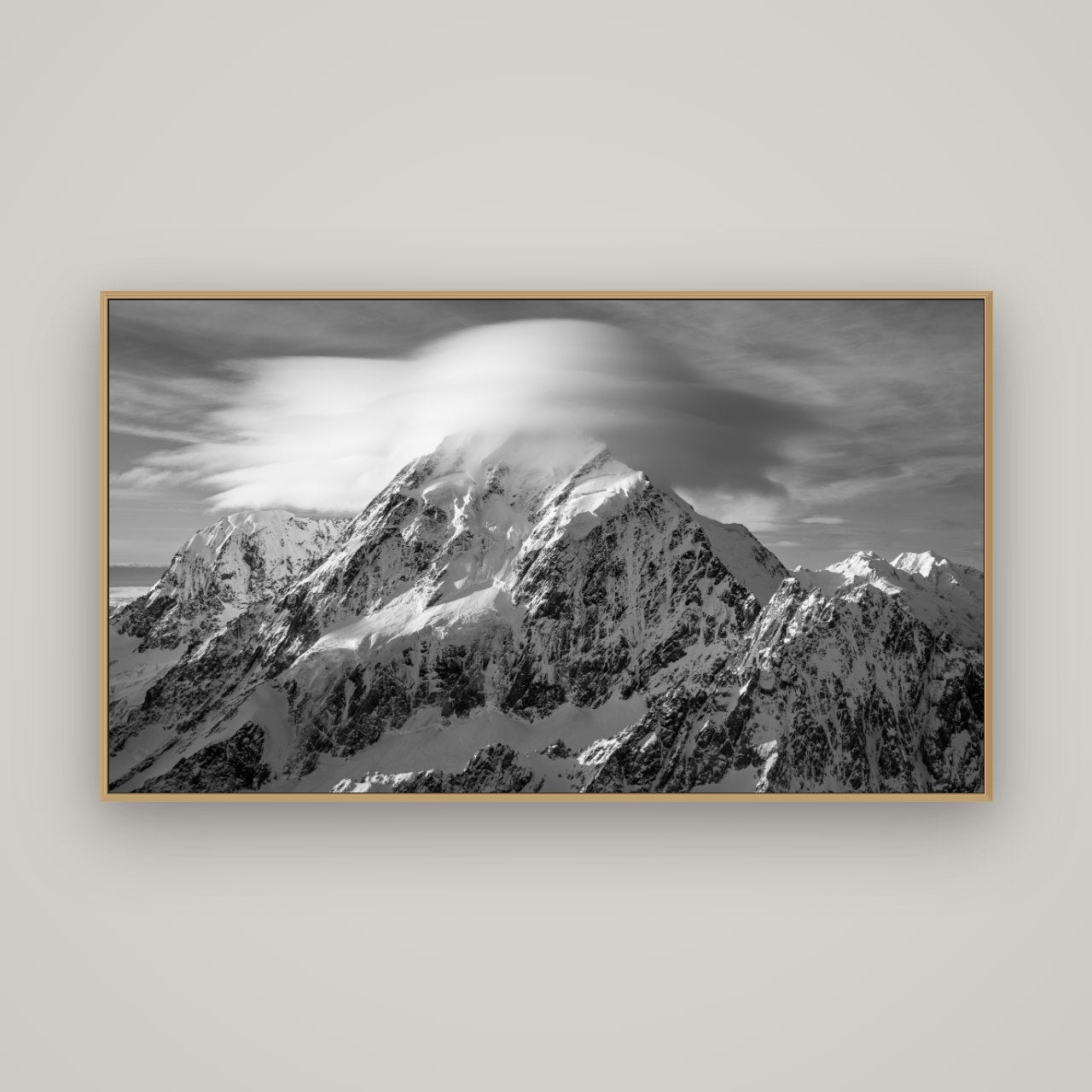 Ethereal Majesty, Mount Cook's Lenticular Veil, Basel Natural Oak, 160×90 cm. New Zealand fine art wall art by Stephen Milner.