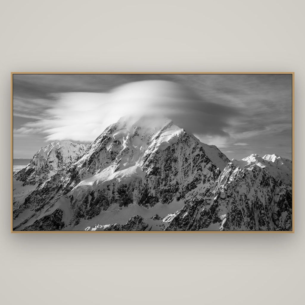 Ethereal Majesty, Mount Cook's Lenticular Veil, Basel Natural Oak, 196×110 cm. New Zealand fine art wall art by Stephen Milner.