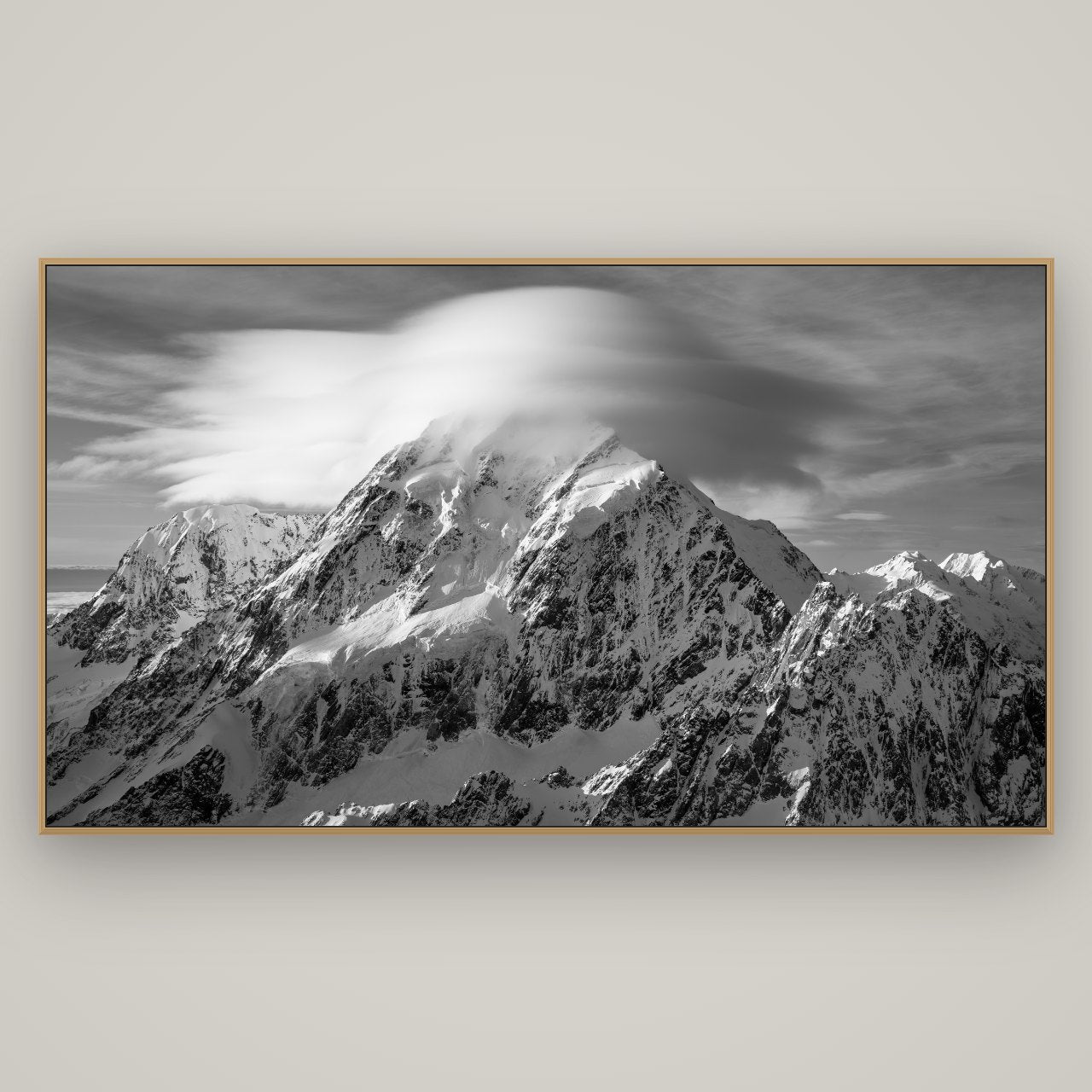 Ethereal Majesty, Mount Cook's Lenticular Veil, Basel Natural Oak, 196×110 cm. New Zealand fine art wall art by Stephen Milner.