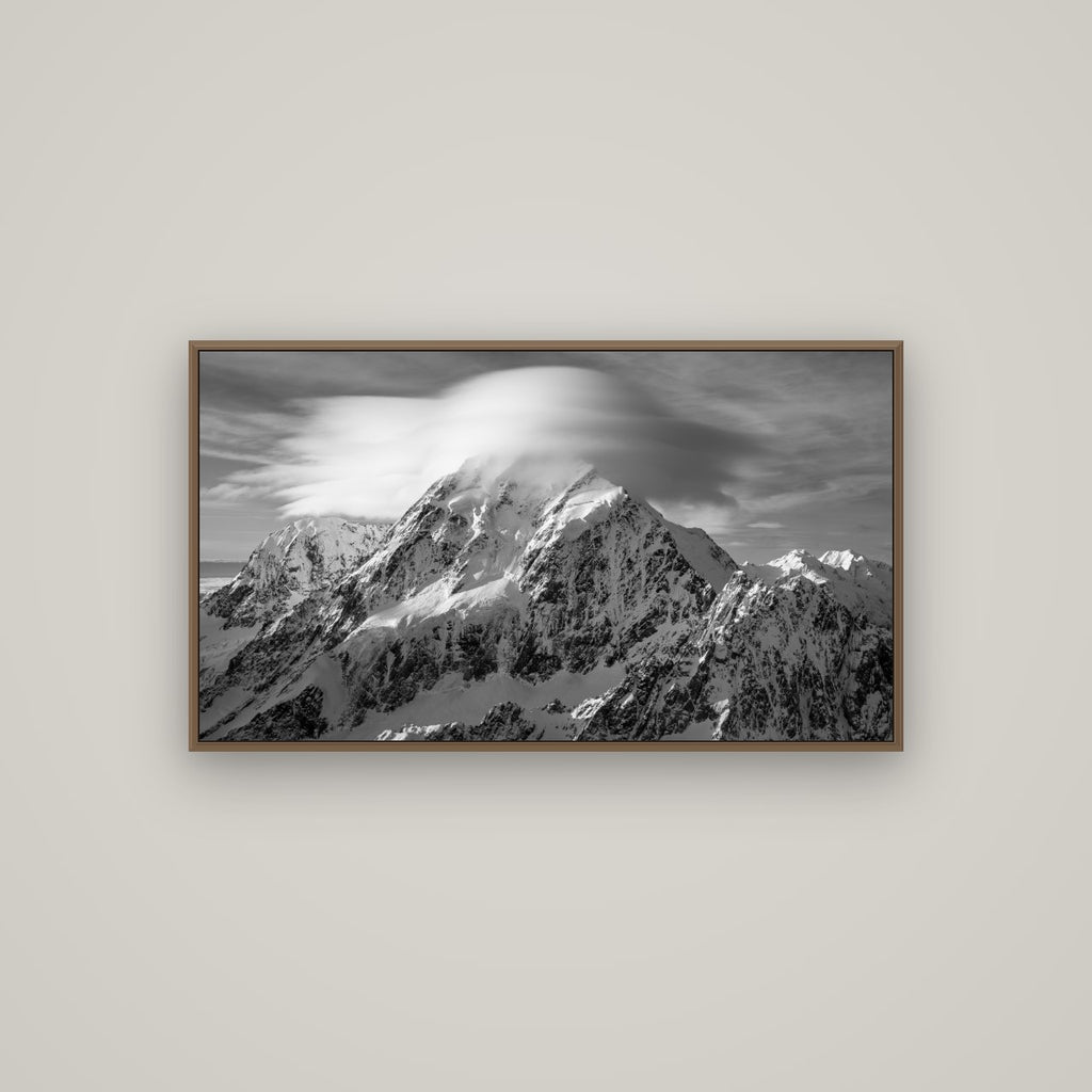 Ethereal Majesty, Mount Cook's Lenticular Veil, Basel Walnut, 107×60 cm. New Zealand fine art wall art by Stephen Milner.