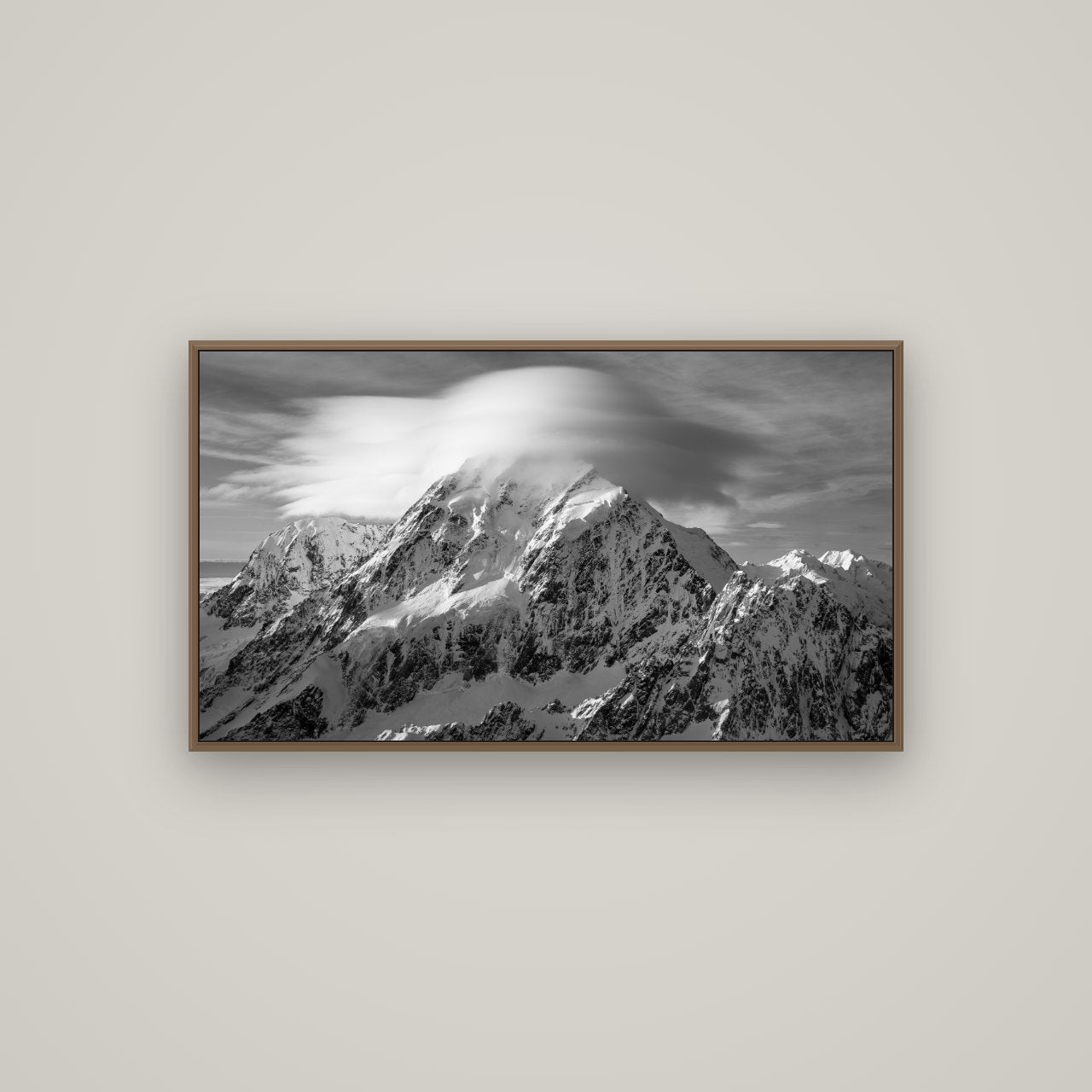 Ethereal Majesty, Mount Cook's Lenticular Veil, Basel Walnut, 107×60 cm. New Zealand fine art wall art by Stephen Milner.
