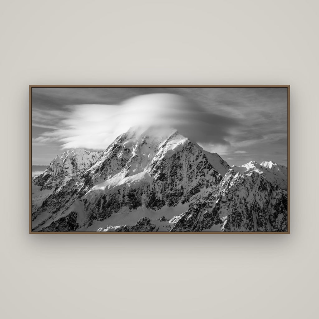 Ethereal Majesty, Mount Cook's Lenticular Veil, Basel Walnut, 160×90 cm. New Zealand fine art wall art by Stephen Milner.