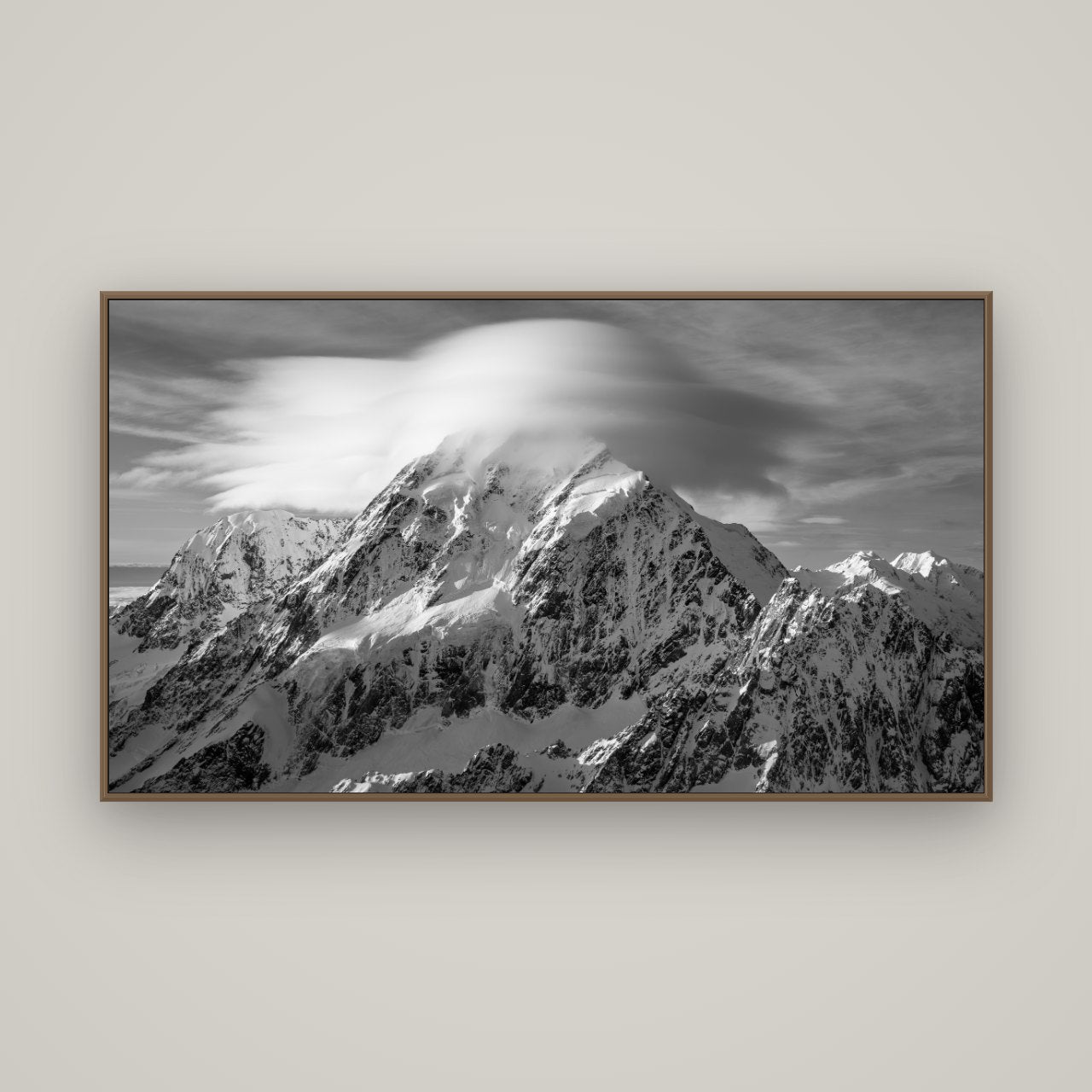 Ethereal Majesty, Mount Cook's Lenticular Veil, Basel Walnut, 160×90 cm. New Zealand fine art wall art by Stephen Milner.