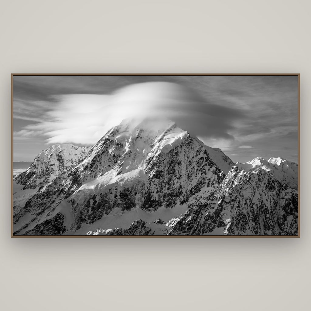 Ethereal Majesty, Mount Cook's Lenticular Veil, Basel Walnut, 196×110 cm. New Zealand fine art wall art by Stephen Milner.