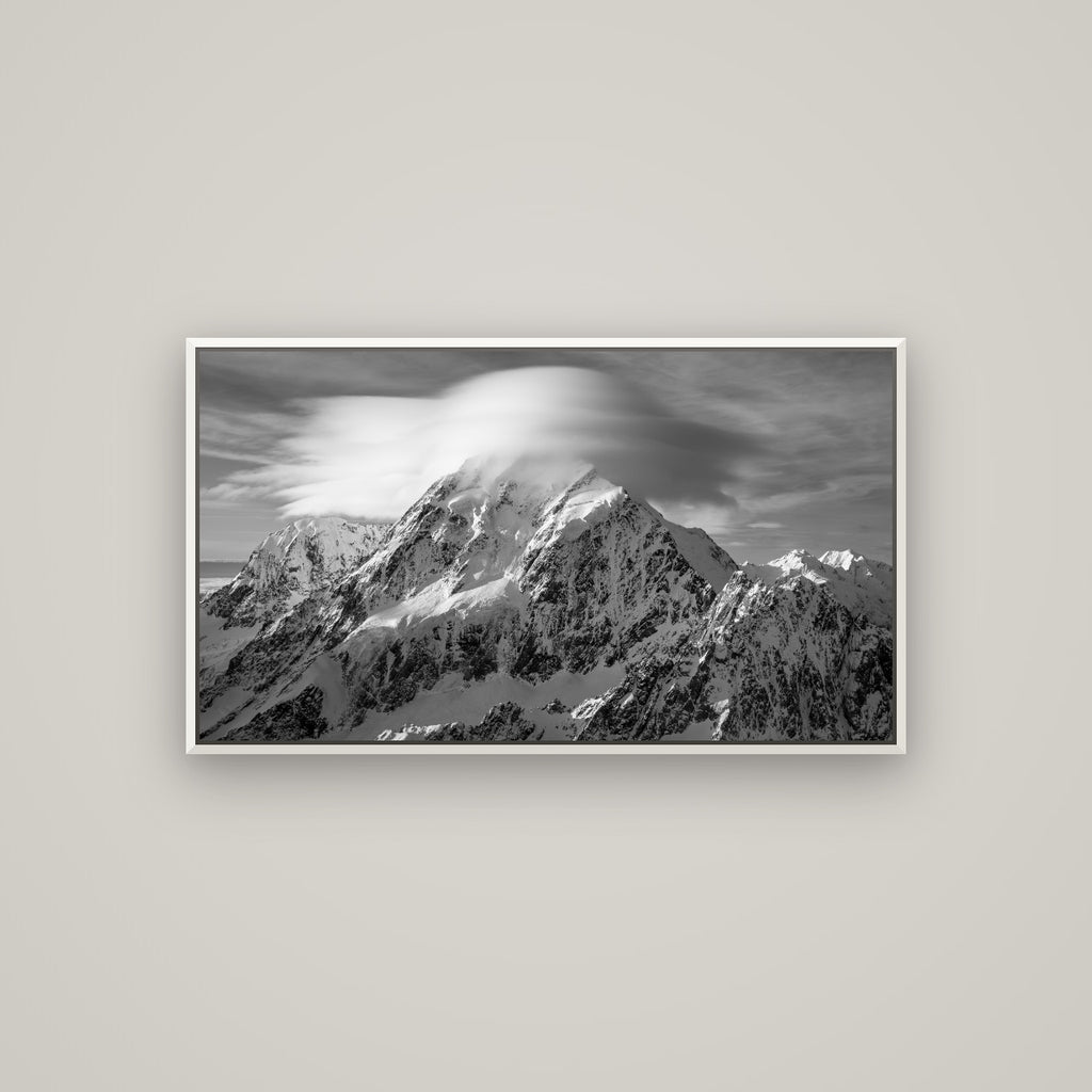 Ethereal Majesty, Mount Cook's Lenticular Veil — Basel White, 107×60 cm. New Zealand fine art wall art by Stephen Milner.
