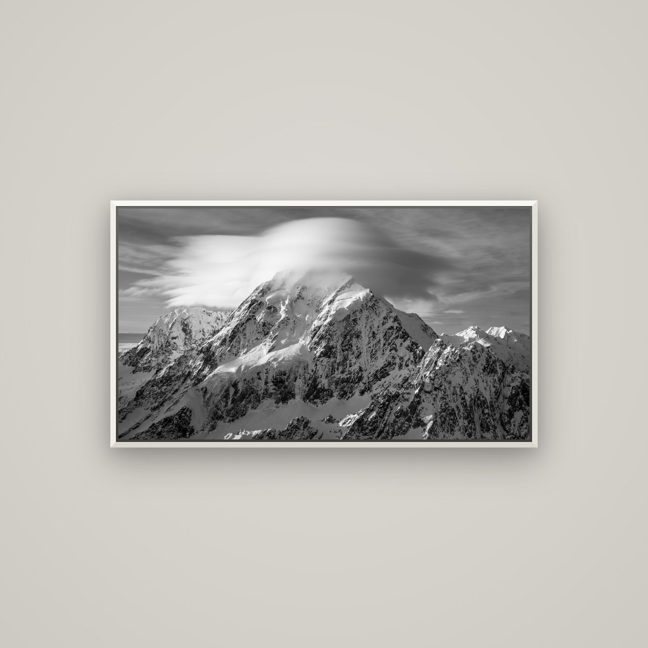Ethereal Majesty, Mount Cook's Lenticular Veil — Basel White, 107×60 cm. New Zealand fine art wall art by Stephen Milner.