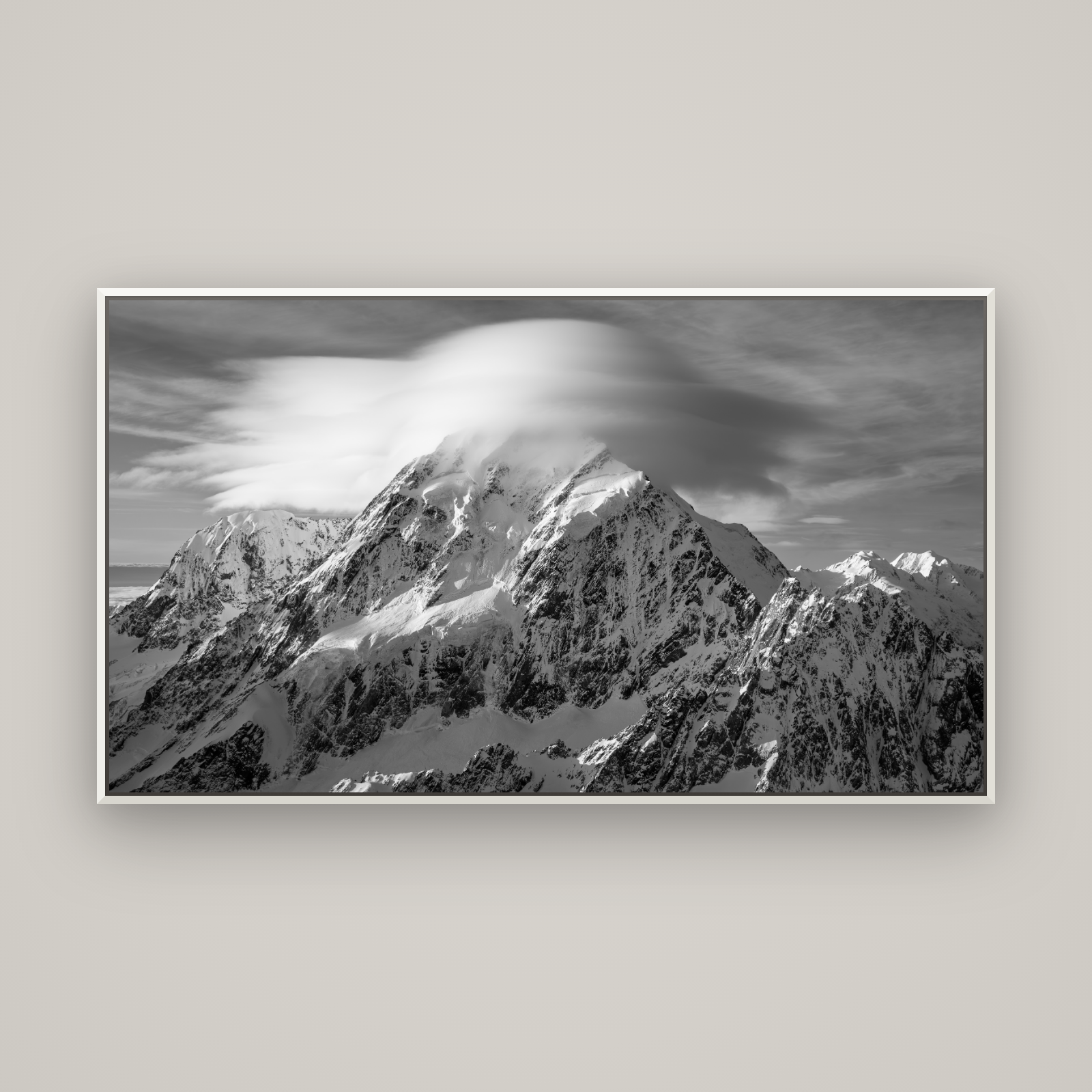Ethereal Majesty, Mount Cook's Lenticular Veil — Basel White, 160×90 cm. New Zealand fine art wall art by Stephen Milner.