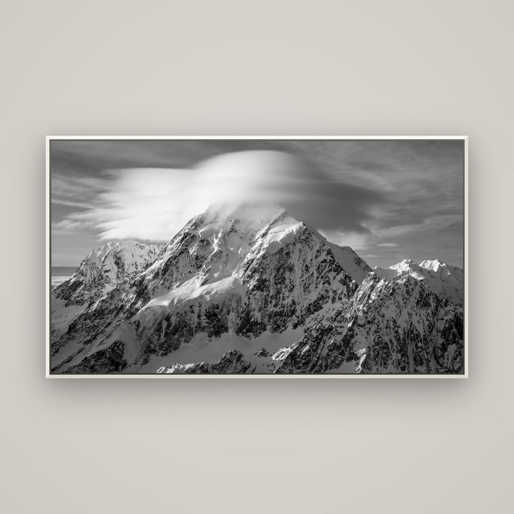 Ethereal Majesty, Mount Cook's Lenticular Veil — Basel White, 160×90 cm. New Zealand fine art wall art by Stephen Milner.