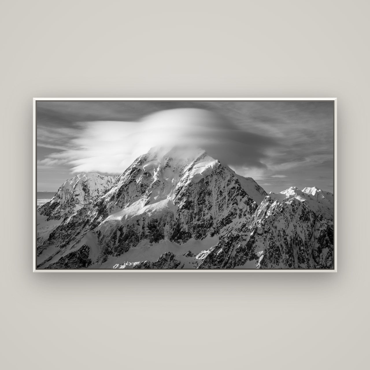 Ethereal Majesty, Mount Cook's Lenticular Veil — Basel White, 160×90 cm. New Zealand fine art wall art by Stephen Milner.