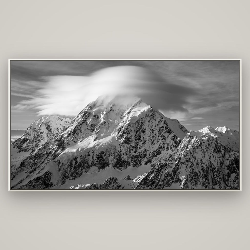 Ethereal Majesty, Mount Cook's Lenticular Veil — Basel White, 196×110 cm. New Zealand fine art wall art by Stephen Milner.