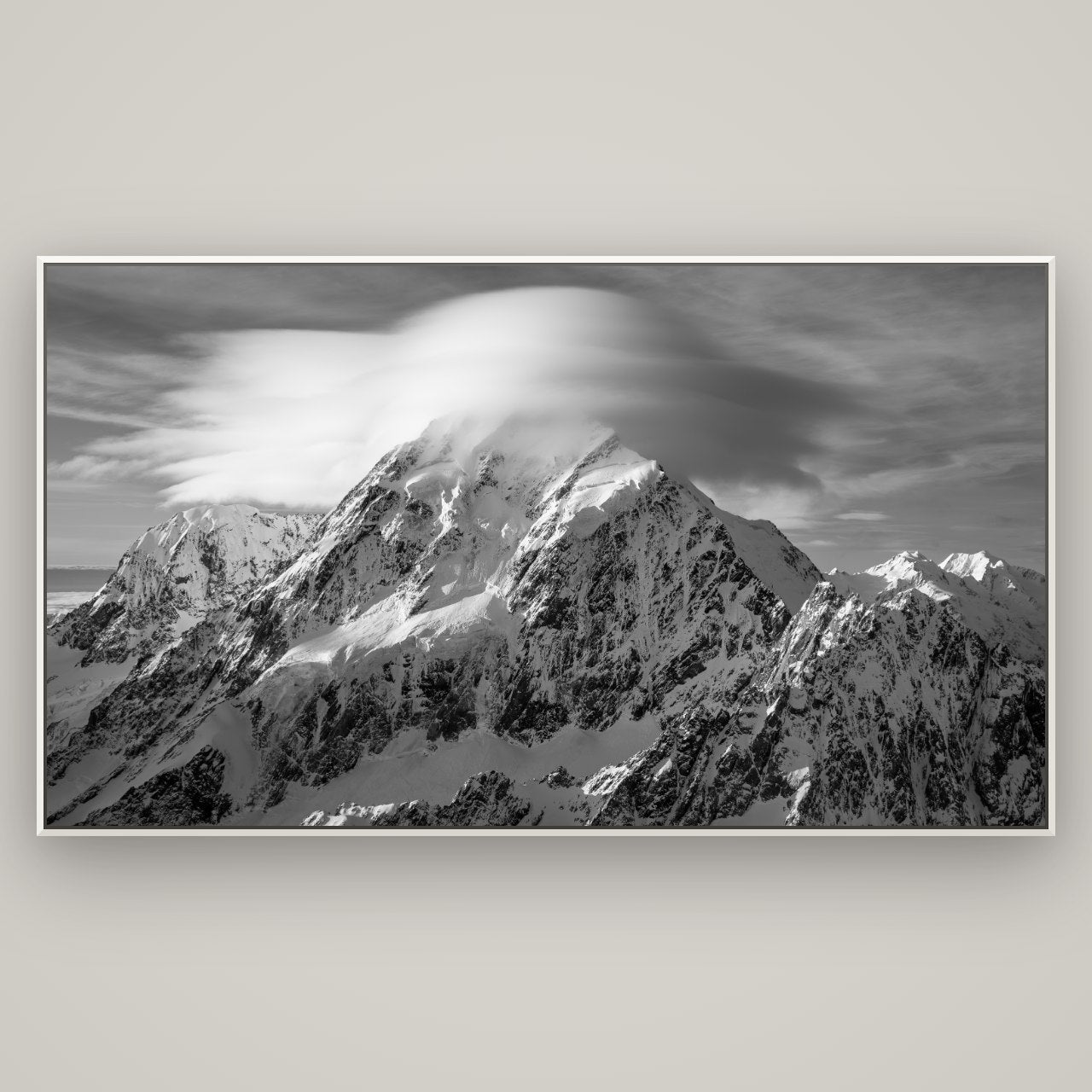 Ethereal Majesty, Mount Cook's Lenticular Veil — Basel White, 196×110 cm. New Zealand fine art wall art by Stephen Milner.