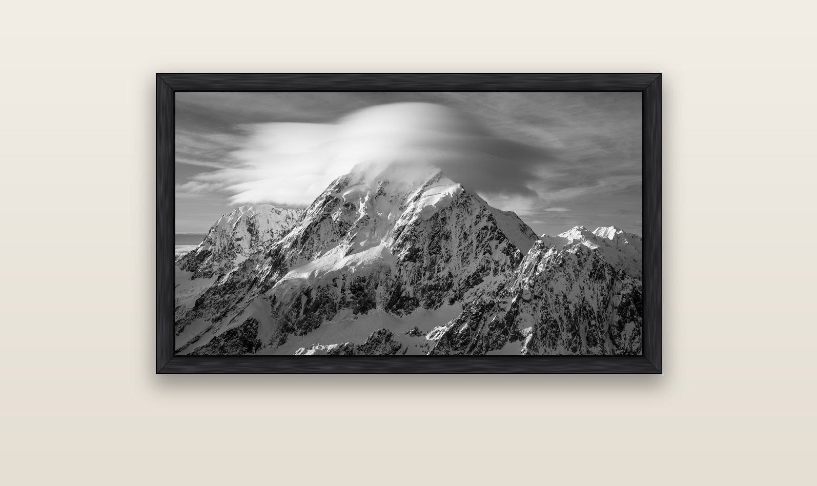 Ethereal Majesty, Mount Cook's Lenticular Veil — black float frame canvas, 102 × 56 cm. New Zealand fine art landscape wall art by Stephen Milner.