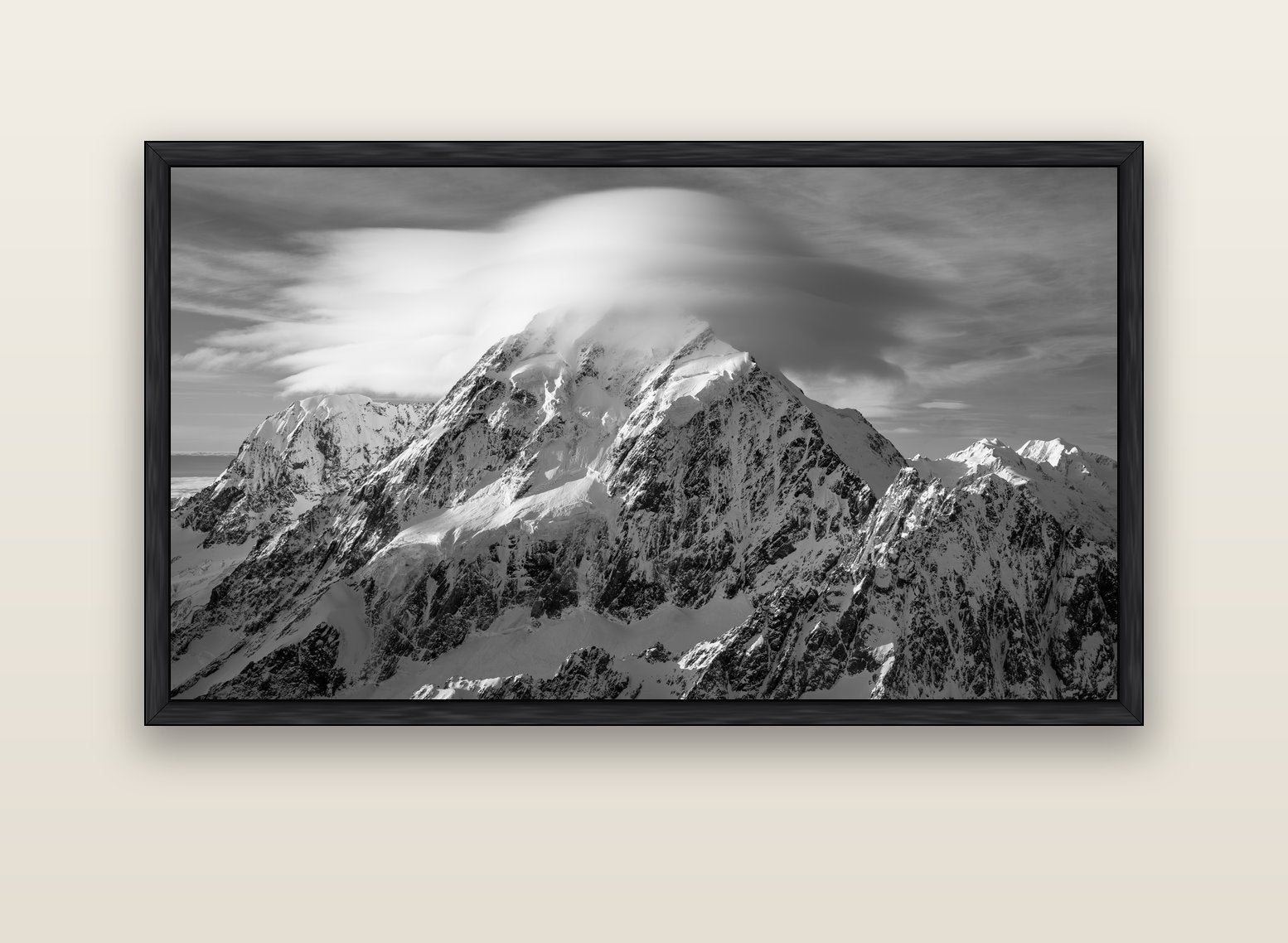 Ethereal Majesty, Mount Cook's Lenticular Veil — black float frame canvas, 152 × 86 cm. New Zealand fine art landscape wall art by Stephen Milner.