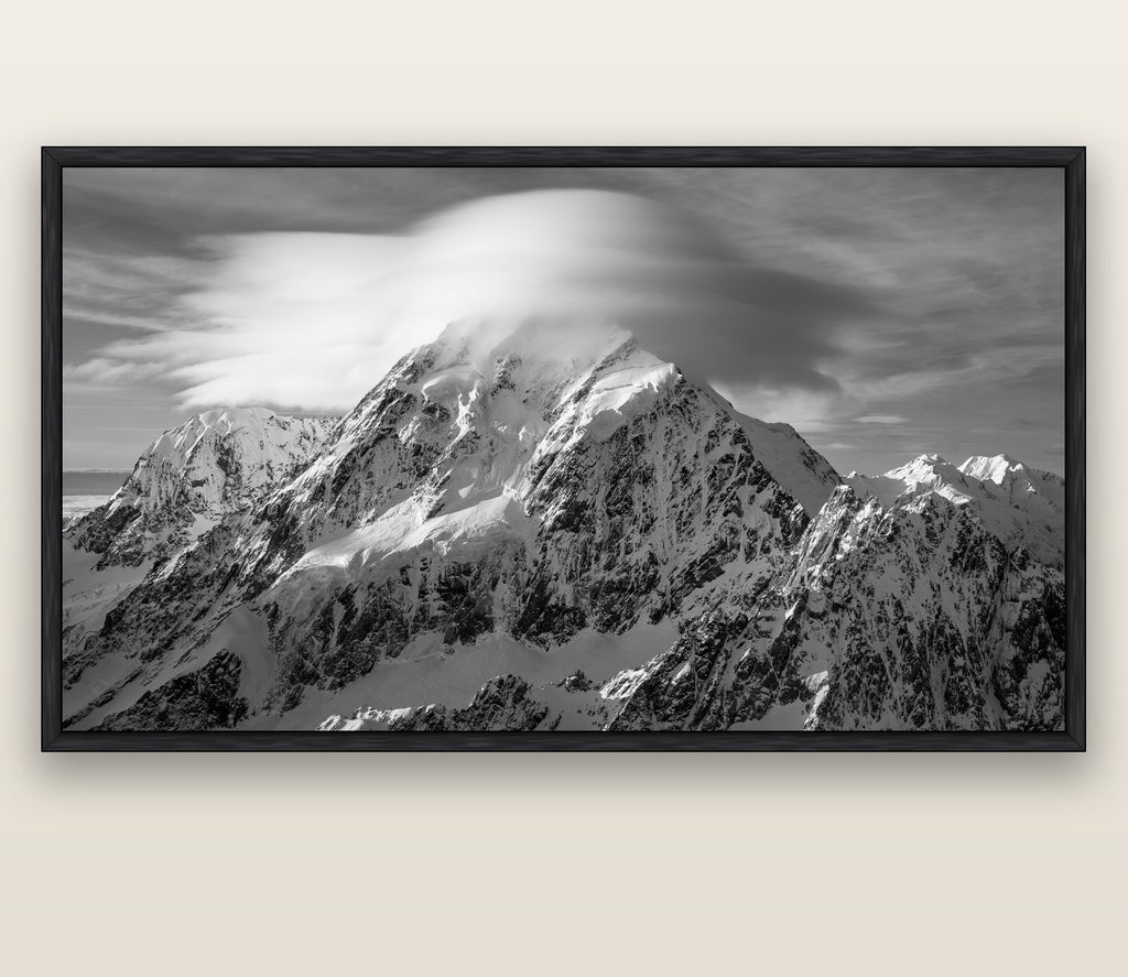 Ethereal Majesty, Mount Cook's Lenticular Veil — black float frame canvas, 200 × 130 cm. New Zealand fine art landscape wall art by Stephen Milner.