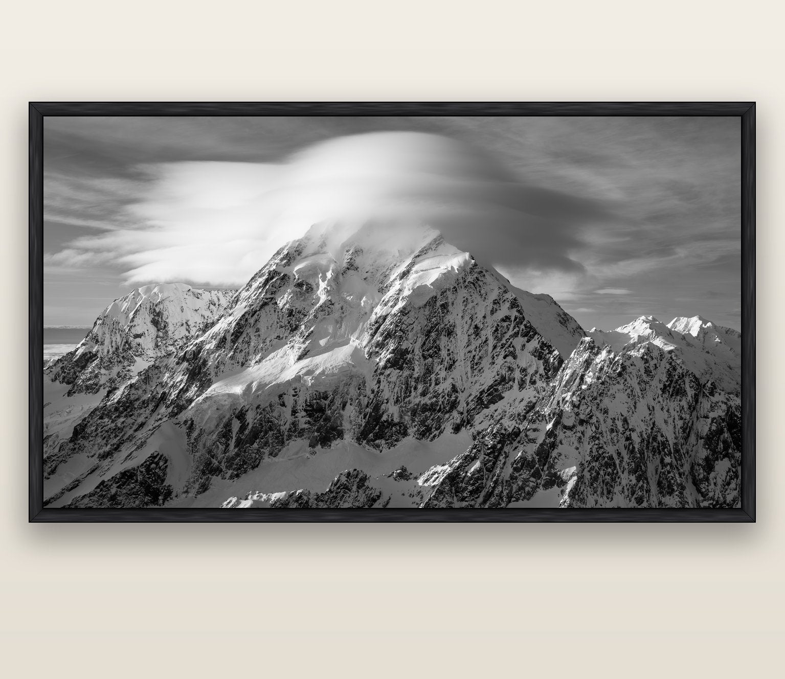 Ethereal Majesty, Mount Cook's Lenticular Veil — black float frame canvas, 200 × 130 cm. New Zealand fine art landscape wall art by Stephen Milner.