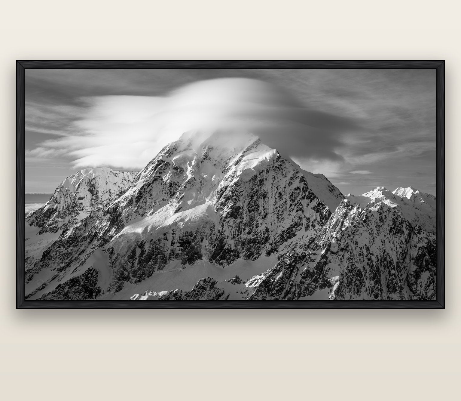 Ethereal Majesty, Mount Cook's Lenticular Veil — black float frame canvas, 201 × 99 cm. New Zealand fine art landscape wall art by Stephen Milner.