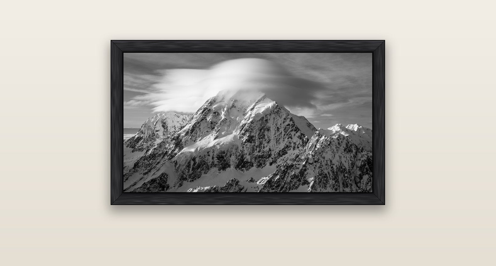 Ethereal Majesty, Mount Cook's Lenticular Veil — black float frame canvas, 81 × 46 cm. New Zealand fine art landscape wall art by Stephen Milner.