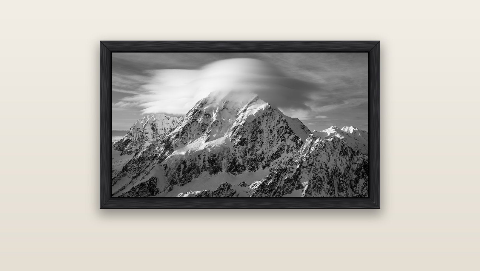 Ethereal Majesty, Mount Cook's Lenticular Veil — black float frame canvas, 91 × 51 cm. New Zealand fine art landscape wall art by Stephen Milner.