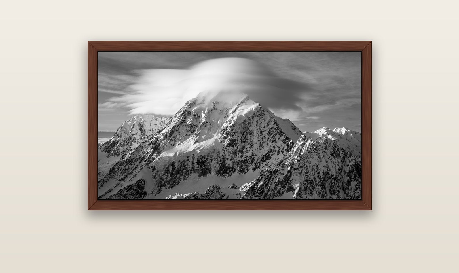 Ethereal Majesty, Mount Cook's Lenticular Veil — brown float frame canvas, 102 × 56 cm. New Zealand fine art landscape wall art by Stephen Milner.