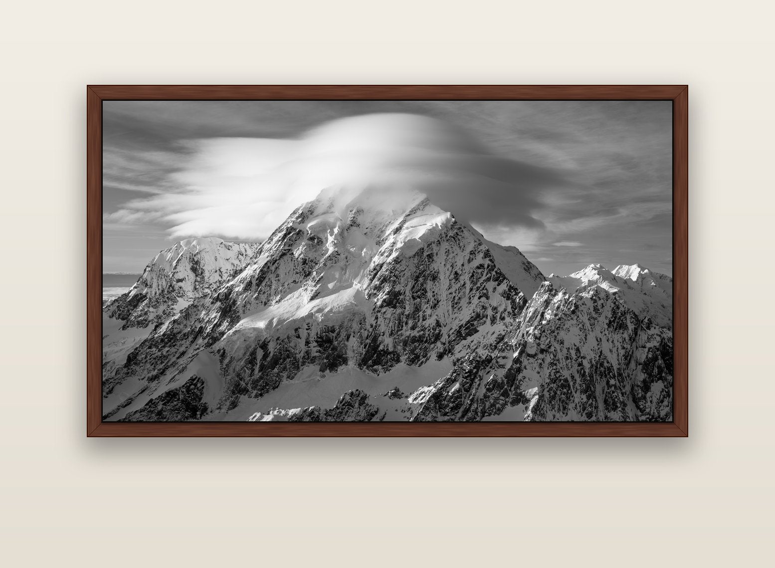Ethereal Majesty, Mount Cook's Lenticular Veil — brown float frame canvas, 152 × 86 cm. New Zealand fine art landscape wall art by Stephen Milner.