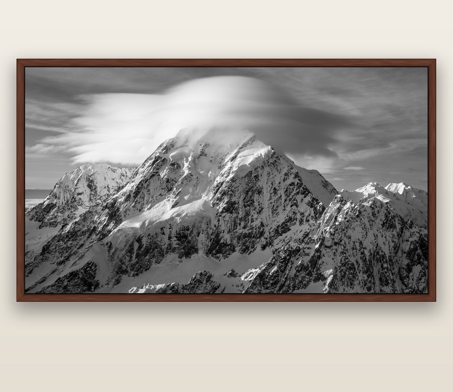 Ethereal Majesty, Mount Cook's Lenticular Veil — brown float frame canvas, 200 × 130 cm. New Zealand fine art landscape wall art by Stephen Milner.