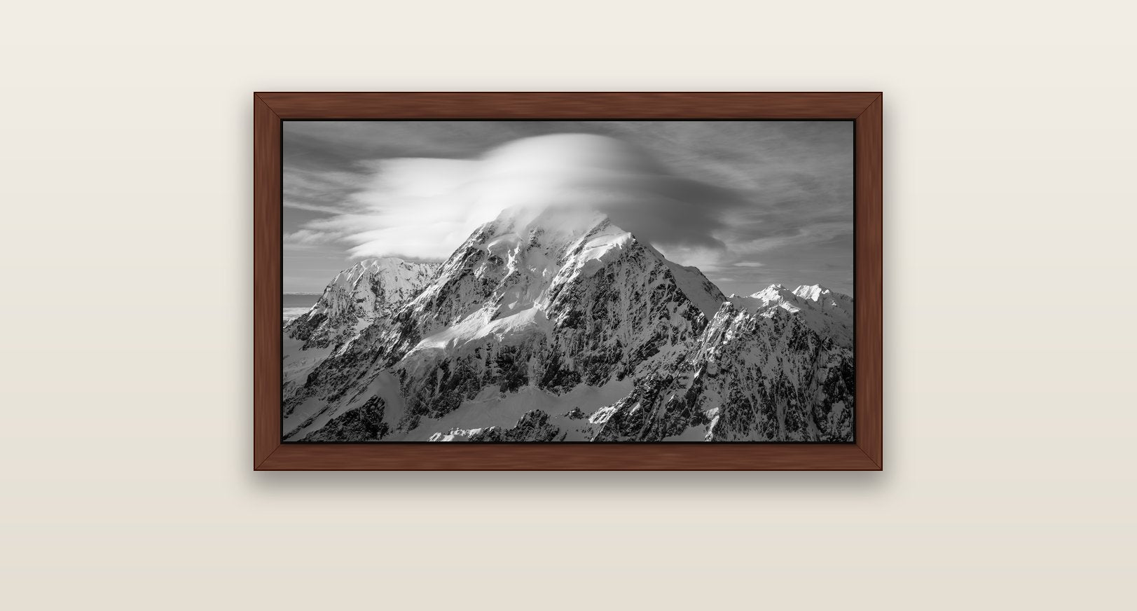 Ethereal Majesty, Mount Cook's Lenticular Veil — brown float frame canvas, 81 × 46 cm. New Zealand fine art landscape wall art by Stephen Milner.