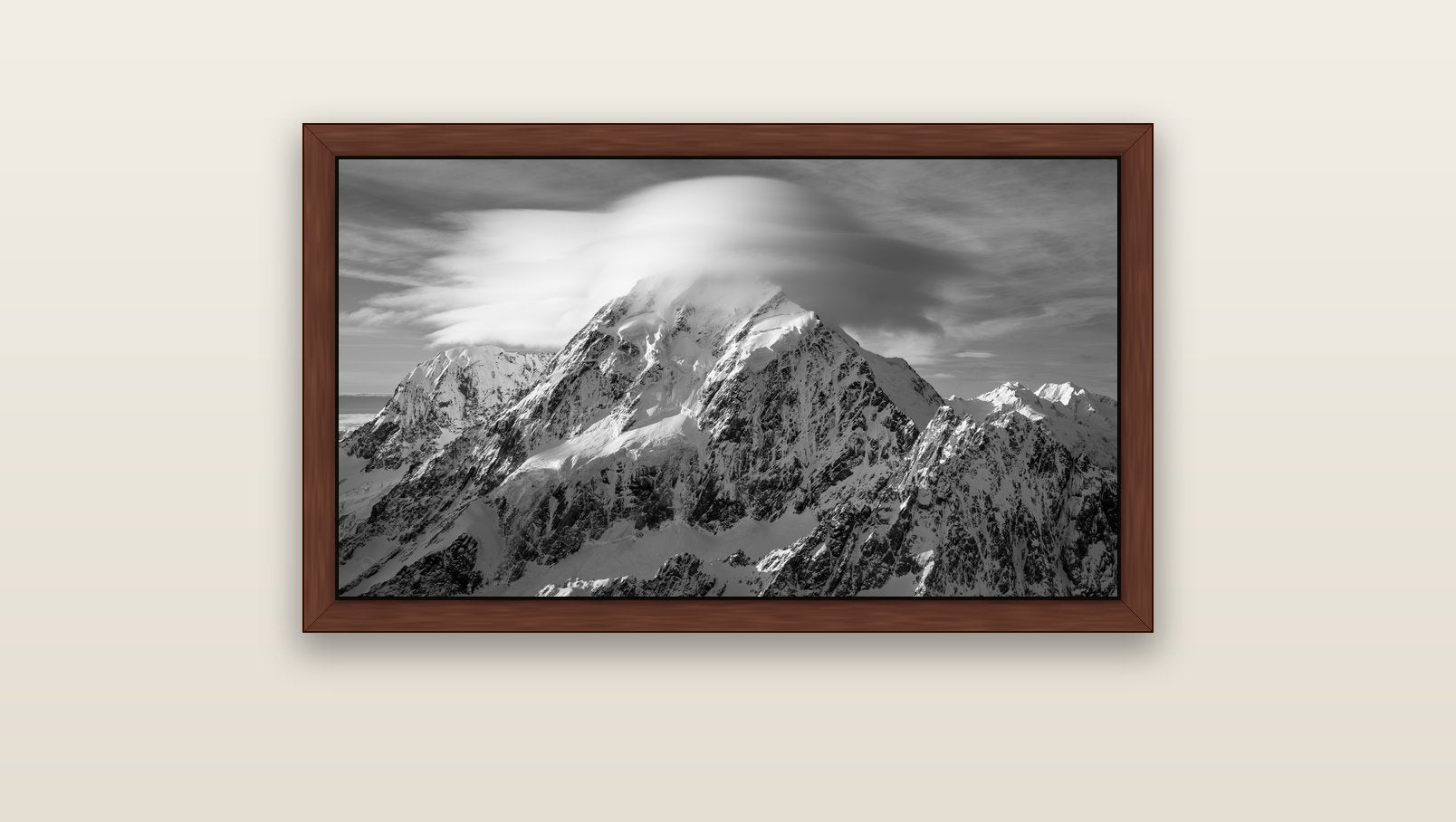 Ethereal Majesty, Mount Cook's Lenticular Veil — brown float frame canvas, 91 × 51 cm. New Zealand fine art landscape wall art by Stephen Milner.