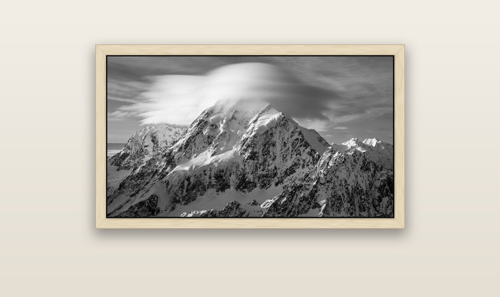 Ethereal Majesty, Mount Cook's Lenticular Veil — natural float frame canvas, 102 × 56 cm. New Zealand fine art landscape wall art by Stephen Milner.