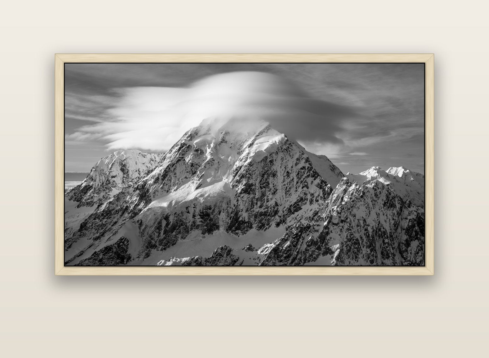 Ethereal Majesty, Mount Cook's Lenticular Veil — natural float frame canvas, 152 × 86 cm. New Zealand fine art landscape wall art by Stephen Milner.