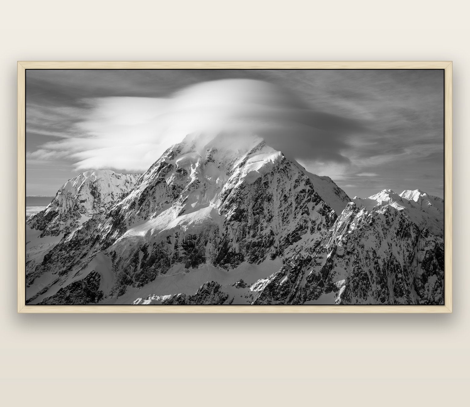 Ethereal Majesty, Mount Cook's Lenticular Veil — natural float frame canvas, 200 × 130 cm. New Zealand fine art landscape wall art by Stephen Milner.