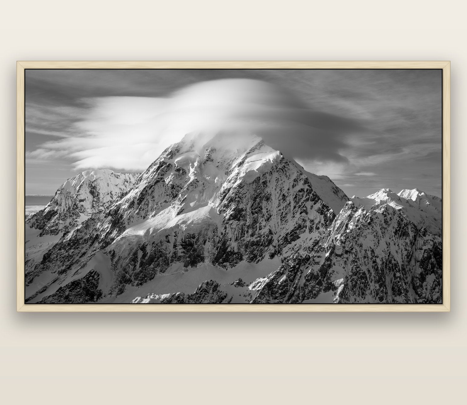 Ethereal Majesty, Mount Cook's Lenticular Veil — natural float frame canvas, 201 × 99 cm. New Zealand fine art landscape wall art by Stephen Milner.