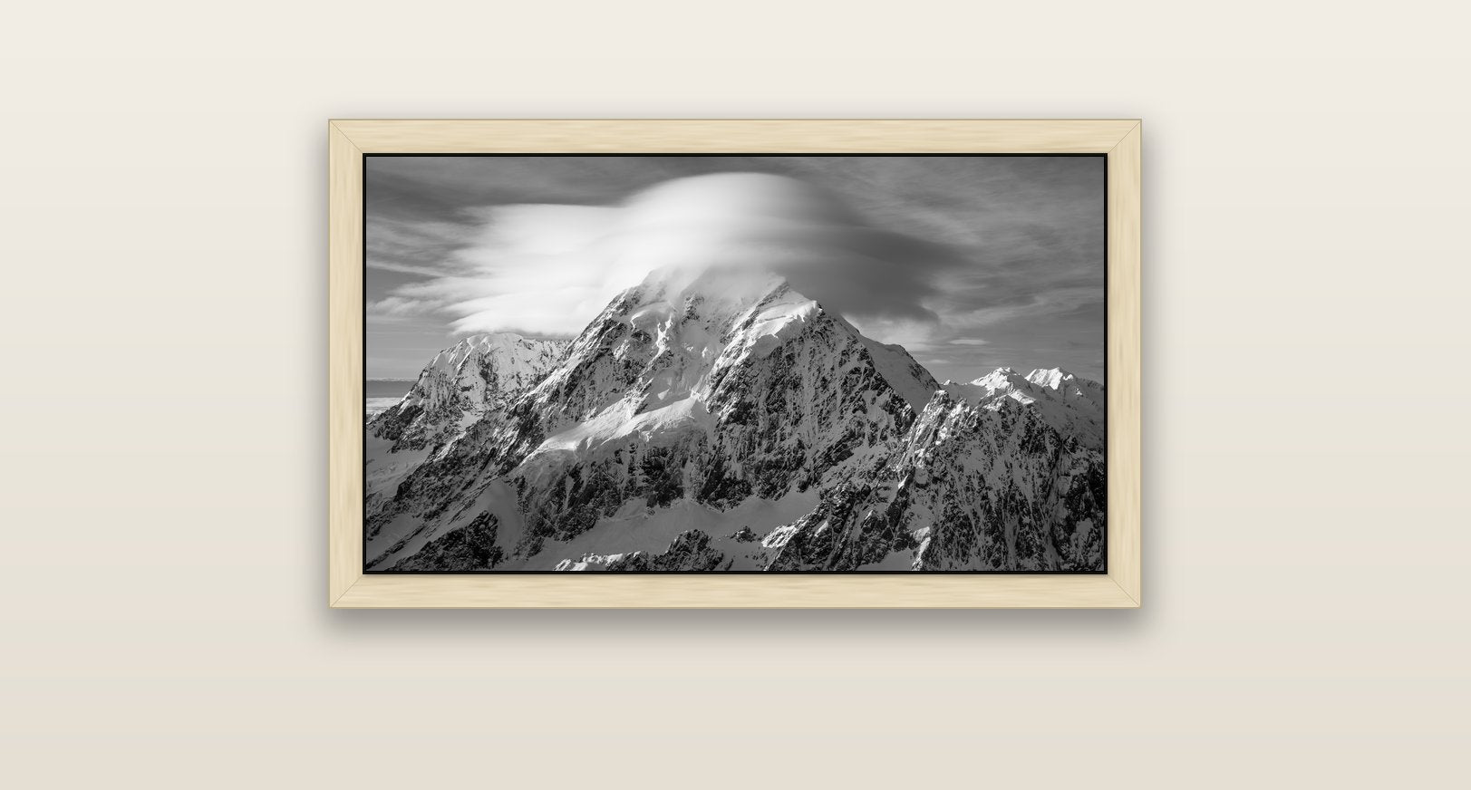 Ethereal Majesty, Mount Cook's Lenticular Veil — natural float frame canvas, 81 × 46 cm. New Zealand fine art landscape wall art by Stephen Milner.