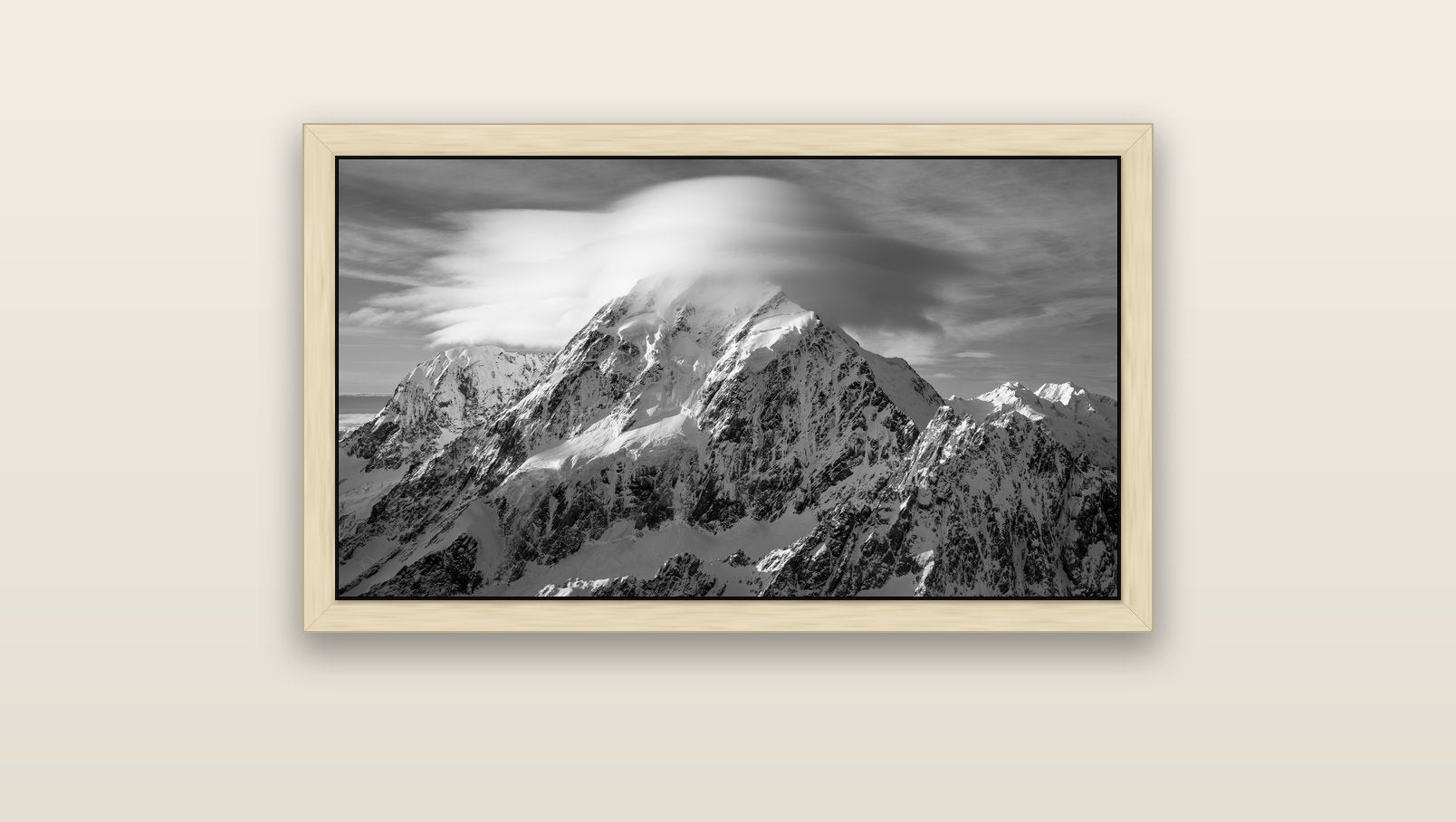 Ethereal Majesty, Mount Cook's Lenticular Veil — natural float frame canvas, 91 × 51 cm. New Zealand fine art landscape wall art by Stephen Milner.