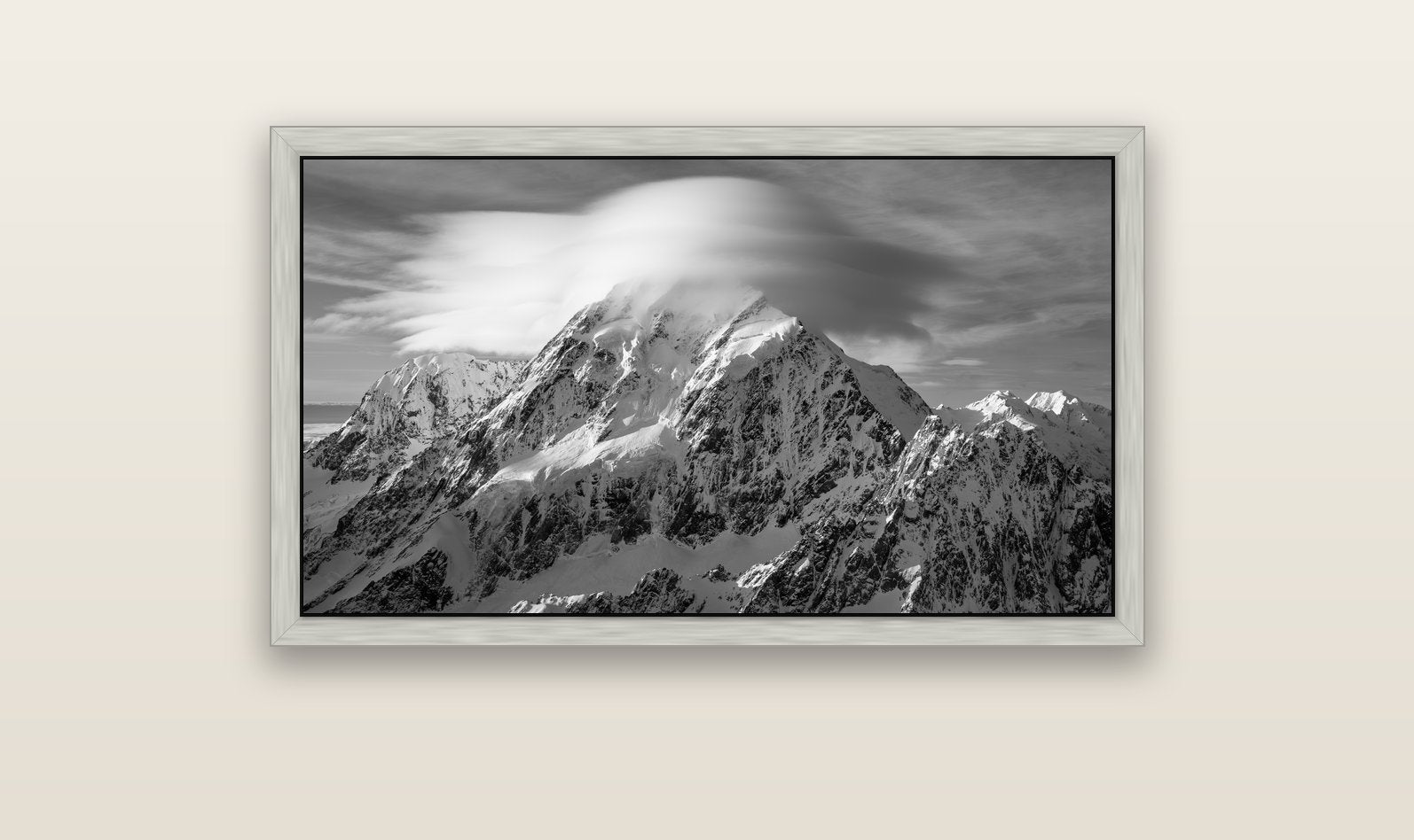 Ethereal Majesty, Mount Cook's Lenticular Veil — silver float frame canvas, 102 × 56 cm. New Zealand fine art landscape wall art by Stephen Milner.