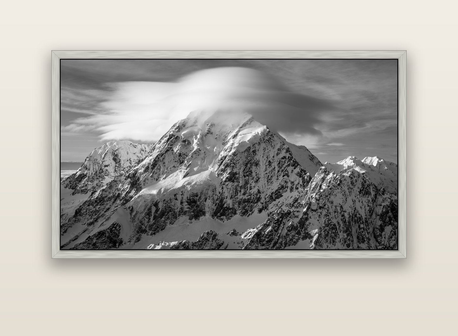 Ethereal Majesty, Mount Cook's Lenticular Veil — silver float frame canvas, 152 × 86 cm. New Zealand fine art landscape wall art by Stephen Milner.