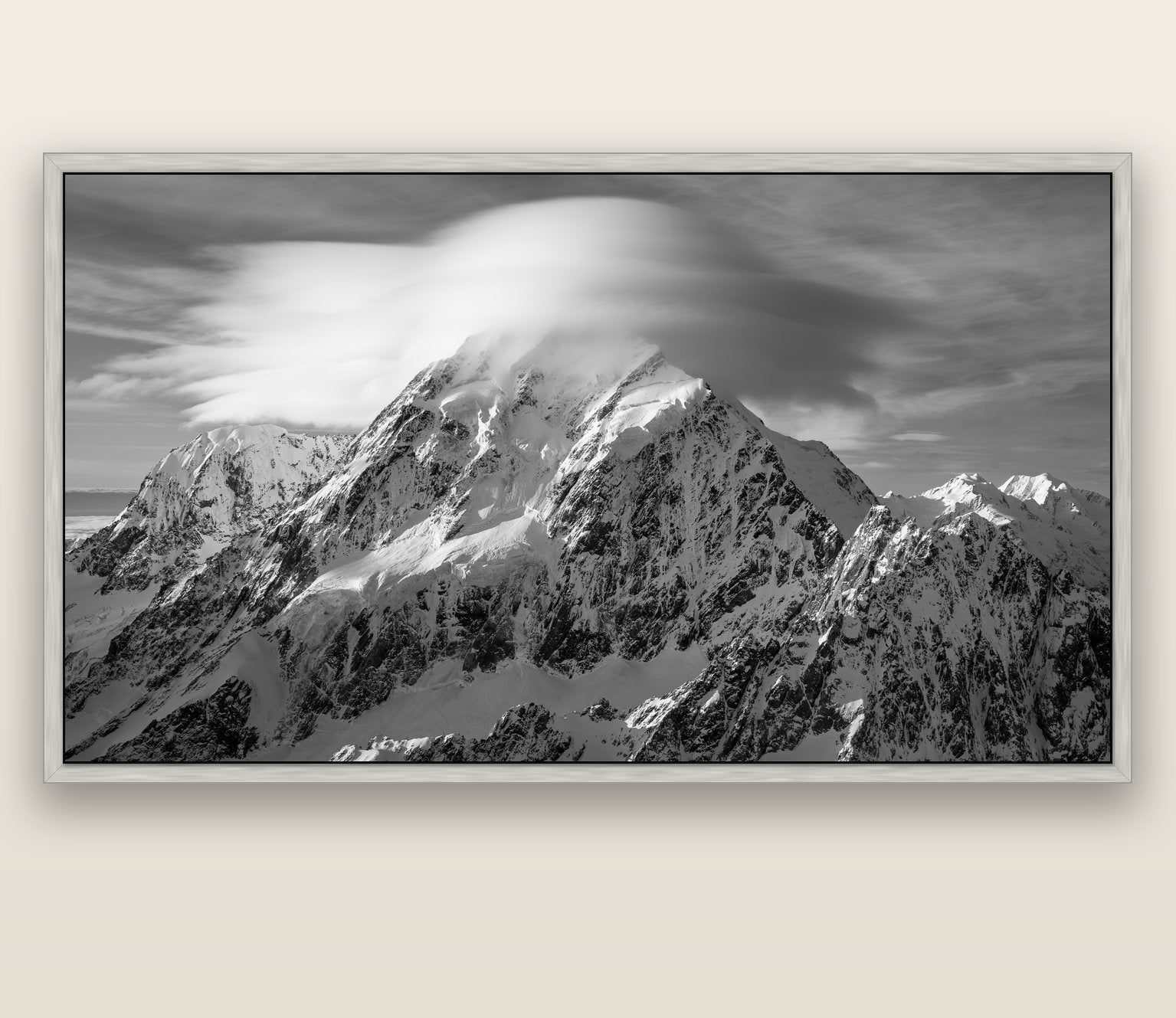 Ethereal Majesty, Mount Cook's Lenticular Veil — silver float frame canvas, 200 × 130 cm. New Zealand fine art landscape wall art by Stephen Milner.