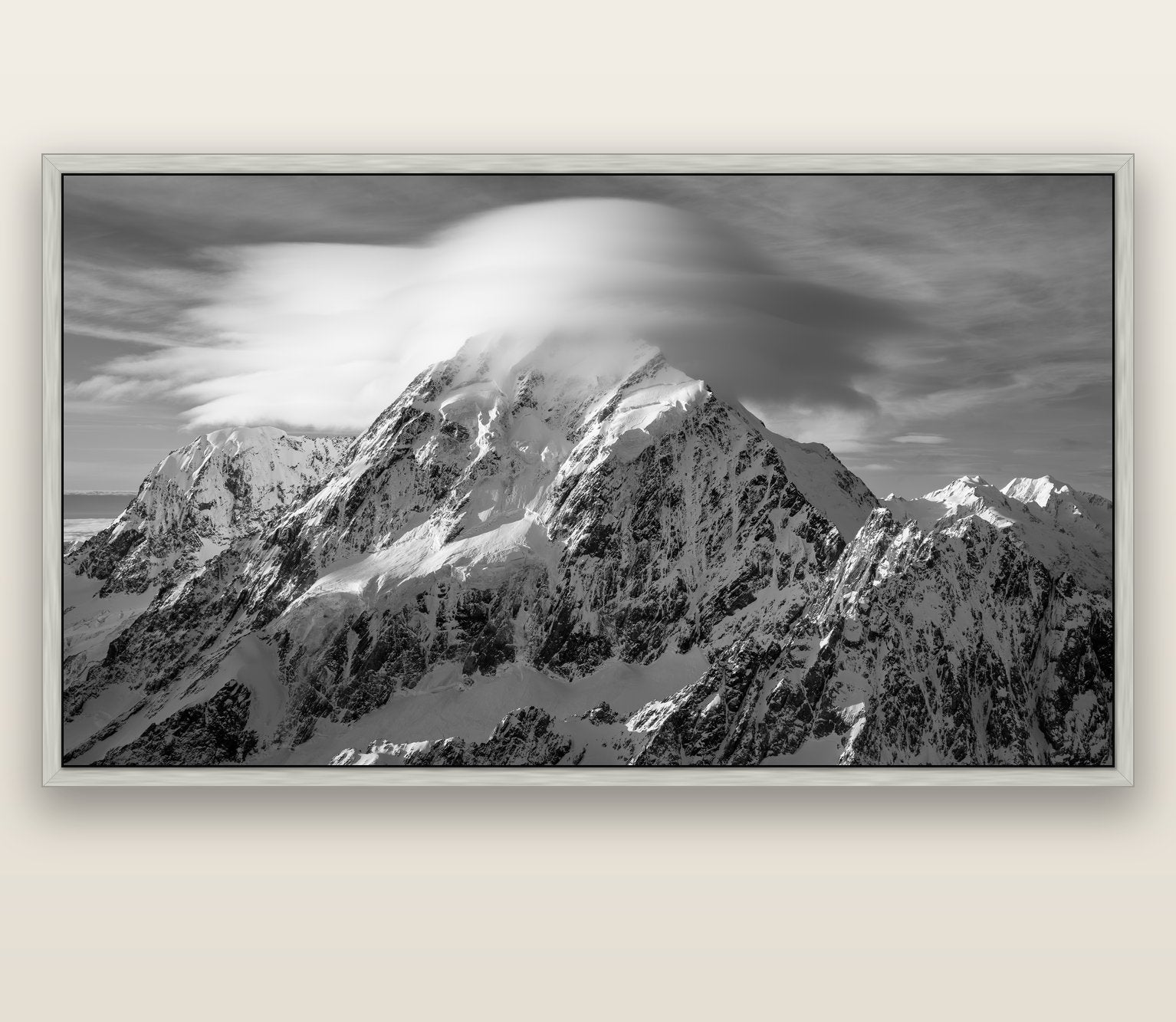 Ethereal Majesty, Mount Cook's Lenticular Veil — silver float frame canvas, 201 × 99 cm. New Zealand fine art landscape wall art by Stephen Milner.