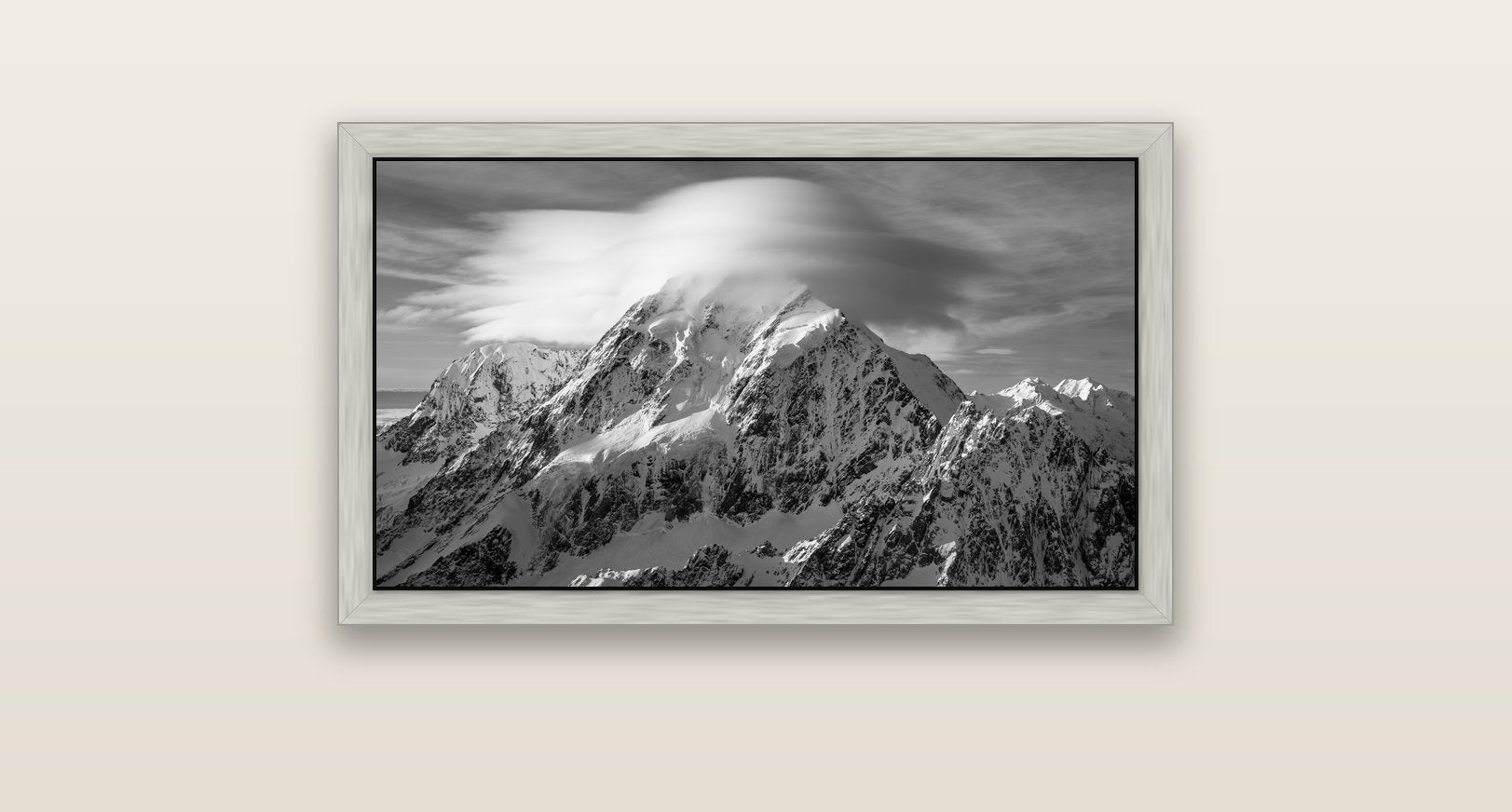 Ethereal Majesty, Mount Cook's Lenticular Veil — silver float frame canvas, 81 × 46 cm. New Zealand fine art landscape wall art by Stephen Milner.