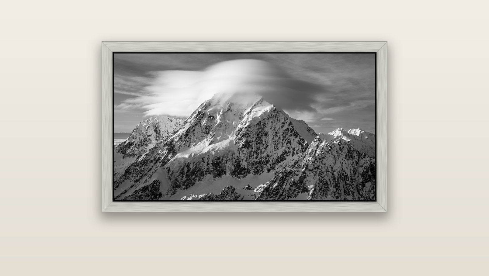 Ethereal Majesty, Mount Cook's Lenticular Veil — silver float frame canvas, 91 × 51 cm. New Zealand fine art landscape wall art by Stephen Milner.
