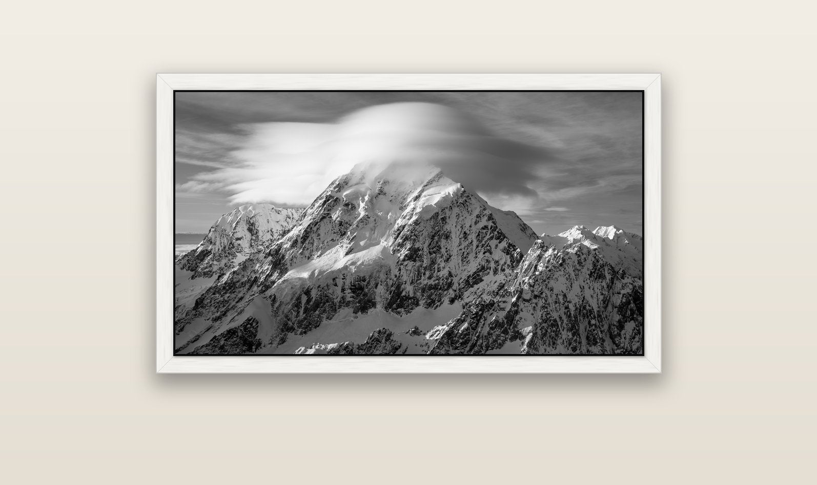 Ethereal Majesty, Mount Cook's Lenticular Veil — white float frame canvas, 102 × 56 cm. New Zealand fine art landscape wall art by Stephen Milner.