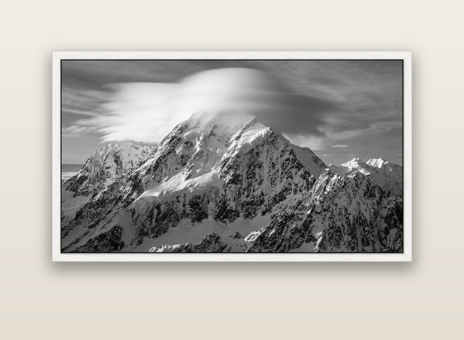 Ethereal Majesty, Mount Cook's Lenticular Veil — white float frame canvas, 152 × 86 cm. New Zealand fine art landscape wall art by Stephen Milner.