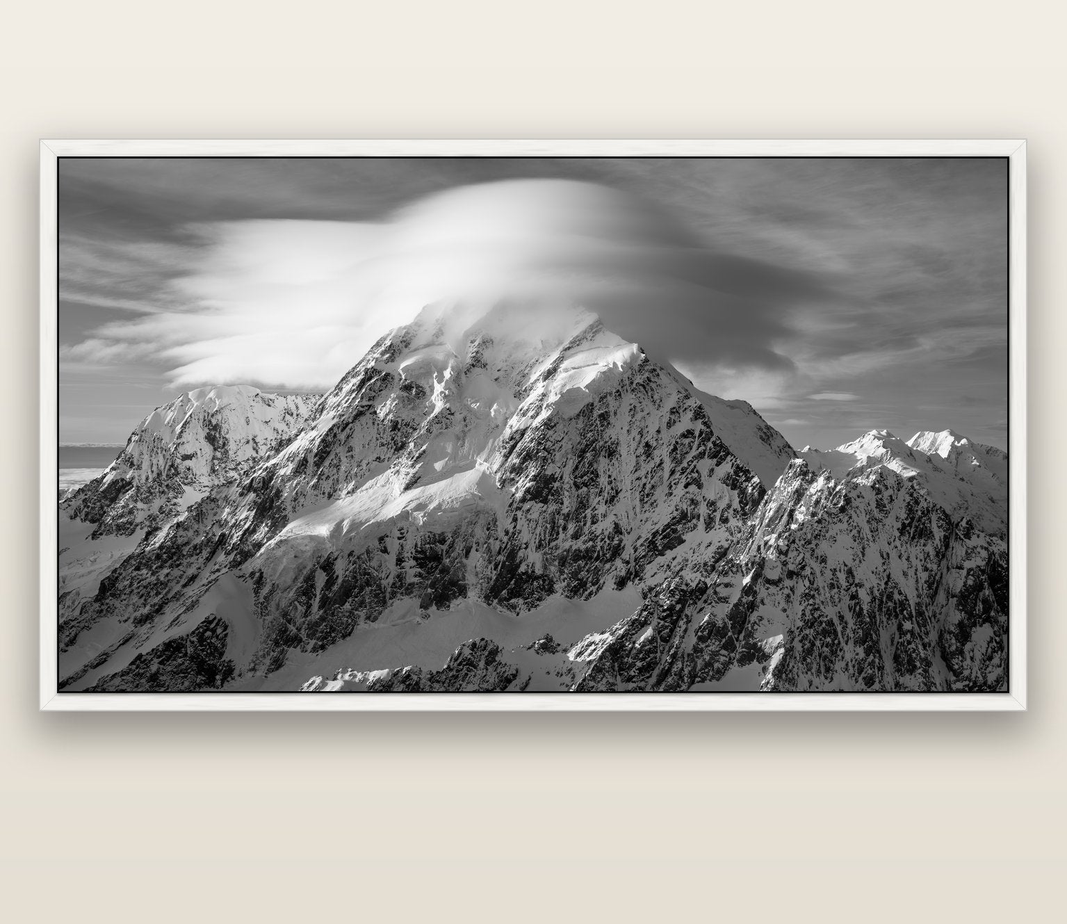 Ethereal Majesty, Mount Cook's Lenticular Veil — white float frame canvas, 200 × 130 cm. New Zealand fine art landscape wall art by Stephen Milner.